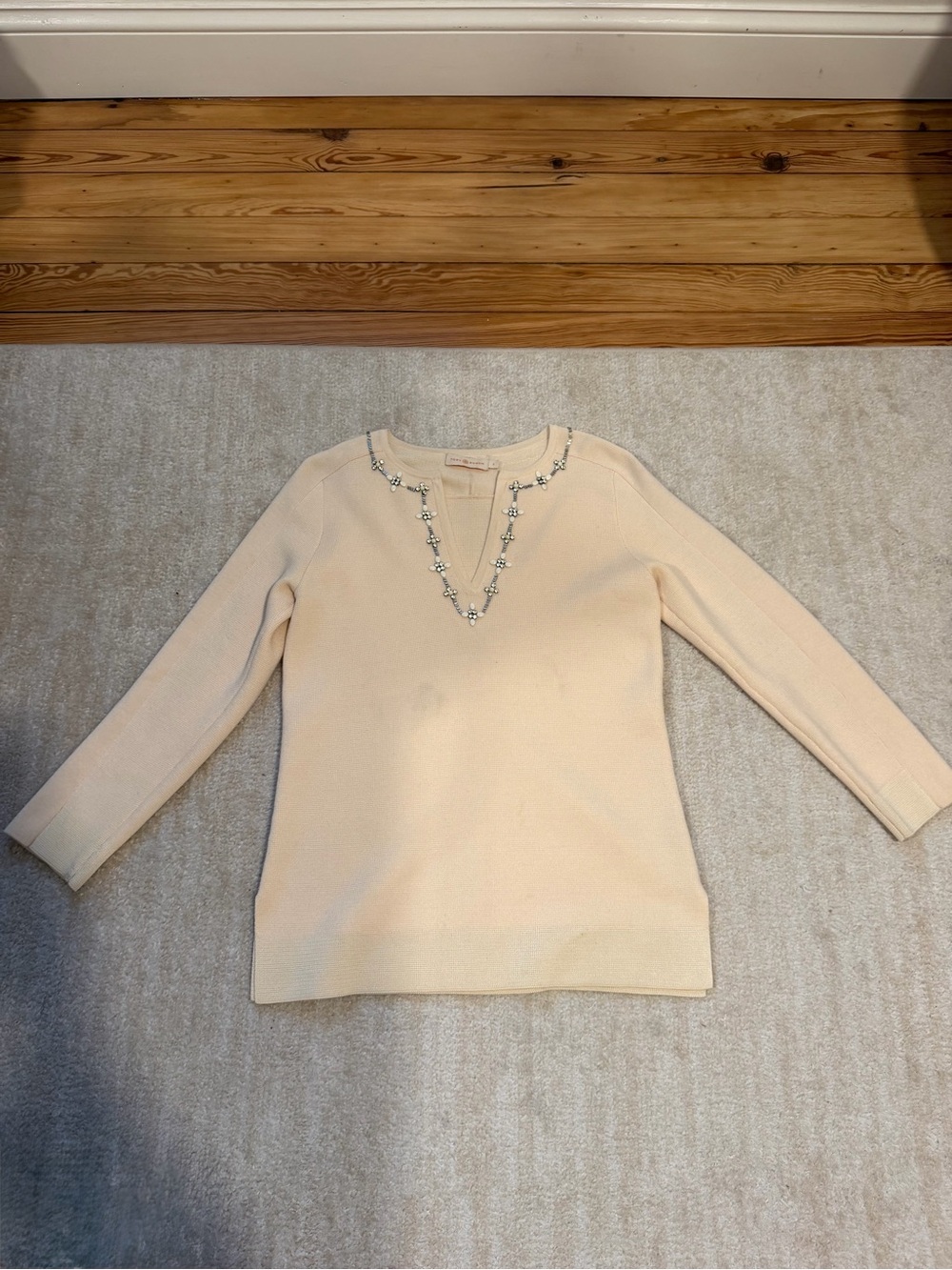 Tory Burch Cream Knit Tunic with Embellished Neckline with Orange Logo
